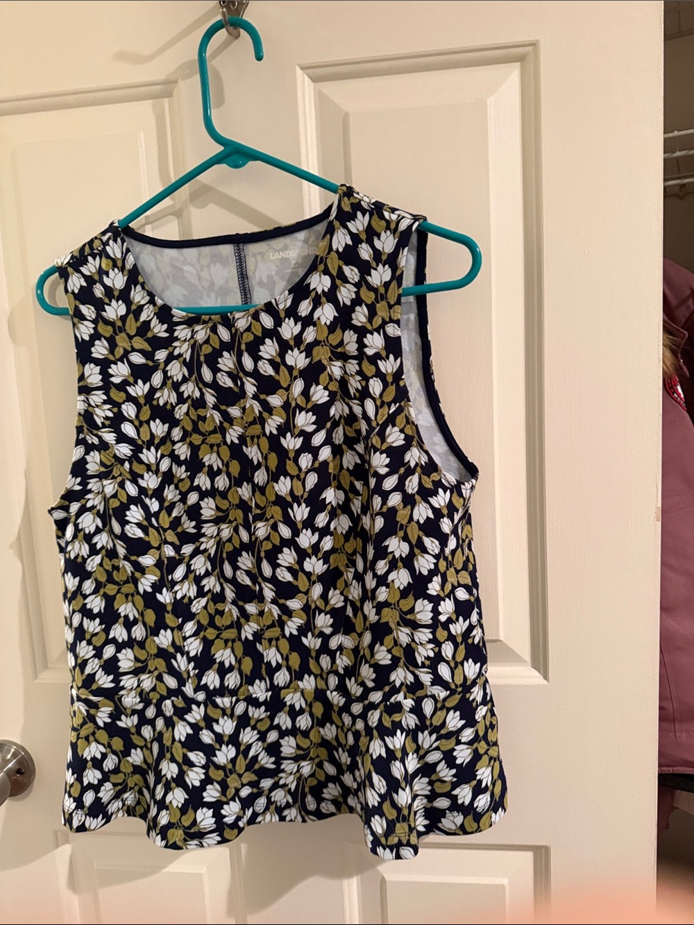 Lands' End Navy Sleeveless Top with White and Olive Leaf Print